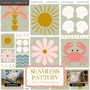 Op de afbeelding: Een naadloos patroonontwerp met illustraties met strandthema. Het ontwerp bevat een palmboom, zon, schelpen, een bloem en een krab. De tekst "SEAMLESS PATTERN" wordt weergegeven, samen met "12"x12" JPG Commercial Use".