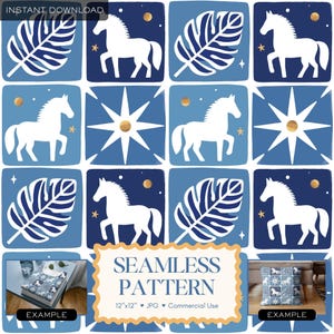 May include: A seamless pattern design featuring white horses, leaves, and starbursts on a blue background. The design is repeated in a grid format. The text "SEAMLESS PATTERN" is displayed in a cream-colored banner. The pattern is 12"x12" and is available as a JPG.