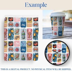 May include: A bedding set, coffee cup, and clock featuring a colorful, repeating pattern of marine life and food illustrations. The design includes images of crabs, lemons, shells, and bottles. The word "Example" is at the top.