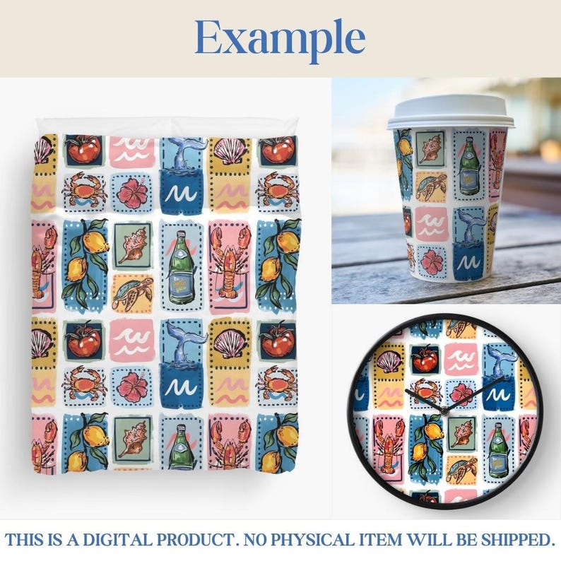 May include: A bedding set, coffee cup, and clock featuring a colorful, repeating pattern of marine life and food illustrations. The design includes images of crabs, lemons, shells, and bottles. The word "Example" is at the top.