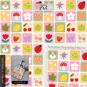 Puede incluir: Un colorido patrón repetitivo sin costuras con cuadrados que contienen varias ilustraciones. Los cuadrados presentan imágenes de un perro, estrella, pelota de tenis, mariquita, hongo, flor, fruta y hoja. El texto "Frh DIGITAL DESIGN" es visible.
