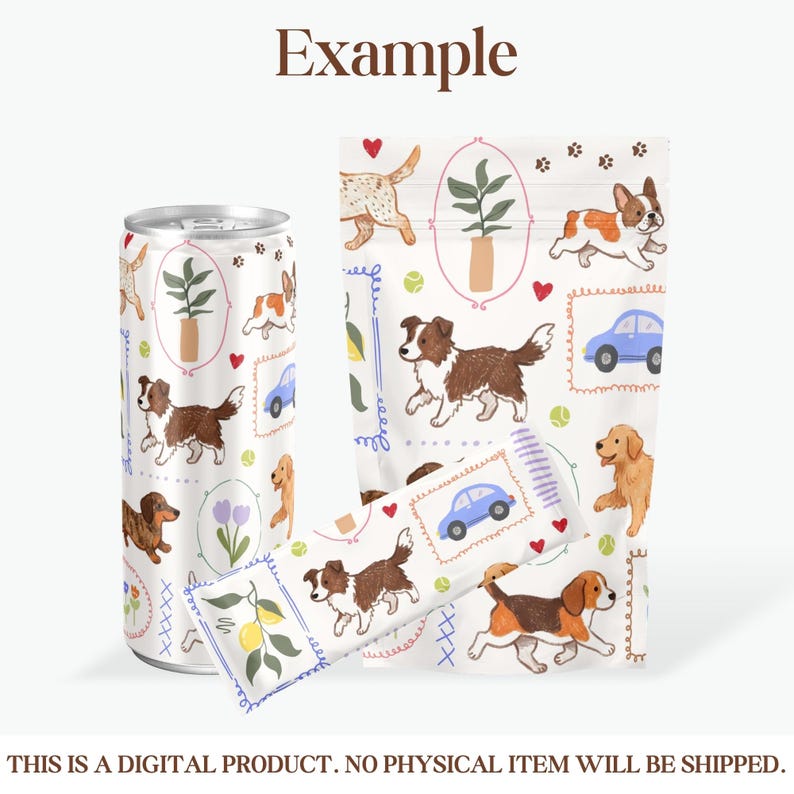 K&ouml;nnte beinhalten: Wei&szlig;e Produktverpackung mit einem sich wiederholenden Muster aus Aquarellhunden, Autos, Pflanzen und Herzen. Das Wort "Example" steht oben. Der Text unten lautet "THIS IS A DIGITAL PRODUCT. NO PHYSICAL ITEM WILL BE SHIPPED."