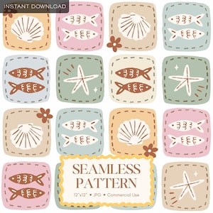 Könnte beinhalten: Ein nahtloses Musterdesign mit Meeresillustrationen. Das Design umfasst Fische, Seesterne und Muscheln in einem sich wiederholenden Muster. Die Farbpalette besteht aus Pastelltönen von Rosa, Blau, Grün und Beige. Der Text "SEAMLESS PATTERN" wird angezeigt.