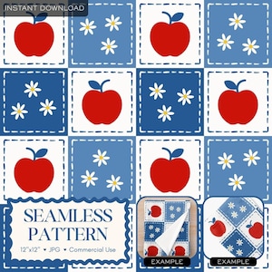 May include: A seamless pattern design featuring red apples and white daisies on a blue and white checkered background. The design includes the text "SEAMLESS PATTERN" and is available as an instant download. The pattern is 30.48cm x 30.48cm.
