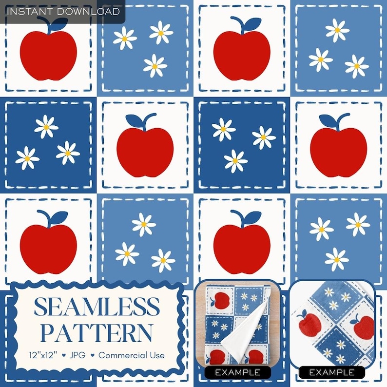 K&ouml;nnte beinhalten: Ein nahtloses Musterdesign mit roten &Auml;pfeln und wei&szlig;en G&auml;nsebl&uuml;mchen auf einem blau-wei&szlig; karierten Hintergrund. Das Design enth&auml;lt den Text &bdquo;NAHTLOSES MUSTER&ldquo; und ist als Sofort-Download verf&uuml;gbar. Das Muster ist 30,48 cm x 30,48 cm gro&szlig;.