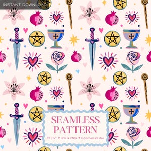 May include: A seamless pattern featuring various mystical symbols, including swords, chalices, pentagrams, hearts, roses, and lilies, in a repeating design. The color palette includes pink, blue, yellow, and brown elements on a cream background. The text "SEAMLESS PATTERN" is also included.