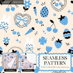 May include: A seamless pattern design with blue and white Easter-themed illustrations on a light peach background. The design includes bunnies, eggs, hearts, flowers, carrots, cherries, and strawberries. The text "SEAMLESS PATTERN" is displayed in a blue frame. The pattern is 30.48cm x 30.48cm.