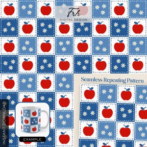 K&ouml;nnte beinhalten: Ein nahtloses sich wiederholendes Muster mit roten &Auml;pfeln und wei&szlig;en G&auml;nsebl&uuml;mchen auf einem blau-wei&szlig;en Patchwork-Design. Das Design ist auch auf einer wei&szlig;en Tasse abgebildet. Die W&ouml;rter "INSTANT DOWNLOAD" und "EXAMPLE" sind sichtbar.