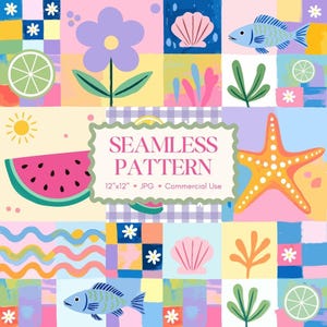 Tropical Watermelon Seamless Pattern | Pastel Shell Summer Patchwork Digital Paper | Beach Nursery Fabric Print | Kawaii Fruit Background