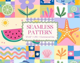 Tropical Watermelon Seamless Pattern | Pastel Shell Summer Patchwork Digital Paper | Beach Nursery Fabric Print | Kawaii Fruit Background