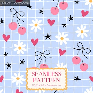 Può includere: Un motivo digitale senza cuciture su sfondo azzurro con una griglia bianca. Il design presenta ciliegie rosa con steli e fiocchi neri, margherite bianche con centri gialli, cuori rosa e stelle nere. Il testo recita SEAMLESS PATTERN 12x12 JPG.