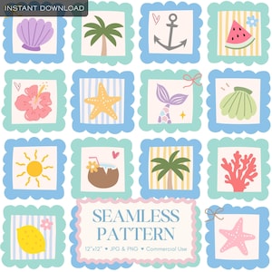 May include: A seamless pattern design featuring various beach-themed illustrations. The design includes images of a seashell, palm tree, anchor, watermelon slice, hibiscus flower, starfish, mermaid tail, and a coconut drink. The pattern is framed with a blue and green scalloped border.