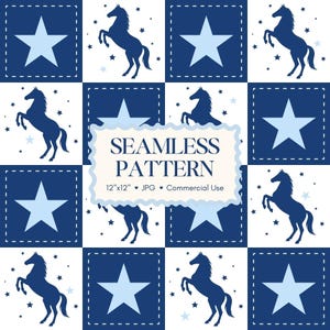 May include: Seamless pattern design featuring navy blue rearing horses and light blue stars on a white background. The design is arranged in a grid pattern with a repeating motif. The text "SEAMLESS PATTERN" is included.