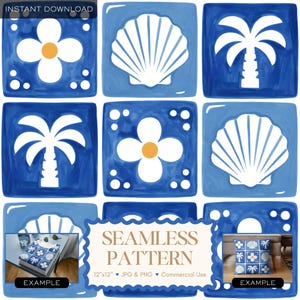 Watercolor Mediterranean Tile Seamless Pattern, Portuguese Azulejo Seashell Palm Tree Coastal Digital Paper, Nursery Floral Summer Beach PNG