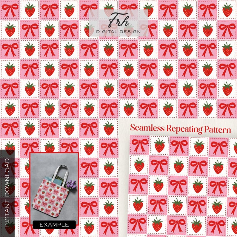 Op de afbeelding: Naadloos herhalend patroon met rode aardbeien en strikken op een roze en witte achtergrond. Het ontwerp bevat de tekst "Frh DIGITAL DESIGN" en "Seamless Repeating Pattern". Een voorbeeld van een draagtas wordt getoond.