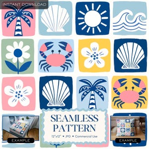 Könnte beinhalten: Ein nahtloses Musterdesign mit Illustrationen zum Thema Strand. Das Design umfasst Palmen, Muscheln, Blumen, Krabben und eine Sonne, alles vor farbigen quadratischen Hintergründen. Der Text "SEAMLESS PATTERN" ist ebenfalls enthalten.
