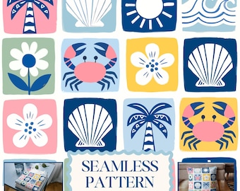 Küsten Musterdesign, Muschel Krabbe Palme Sommer Strand Digitales Papier, Kinderzimmer Ozean Nautik Floral Skandinavische Volkskunst Design