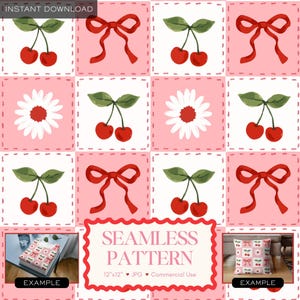 May include: A seamless pattern design with red cherries, bows, and white daisies on a pink and white checkered background. The design includes the text "SEAMLESS PATTERN" and is 30.48cm x 30.48cm. Examples of the pattern are shown on a pillow and a wrapped gift.