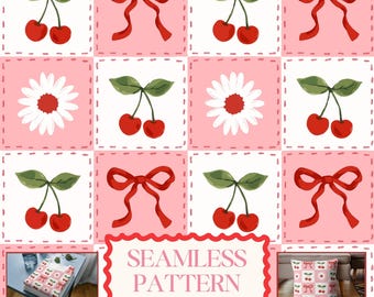 Cottagecore Kirsche Patchwork Nahtloses Muster, Kindergarten Kokette Schleife Digitales Papier, Grandmillennial Daisy Floral Sommer Früchte Printable