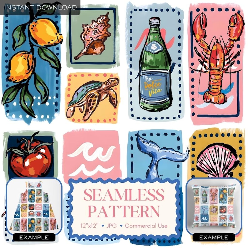May include: A digital seamless pattern design featuring illustrations of lemons, a seashell, a bottle of water, a lobster, a turtle, a tomato, ocean waves, a whale tail, and a seashell. The text "SEAMLESS PATTERN" is also included.