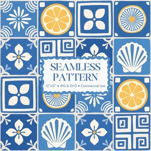 May include: A seamless pattern design featuring blue and white tiles with various motifs. The design includes orange citrus slices, flowers, and seashell illustrations. The text "SEAMLESS PATTERN" is displayed on a white scalloped banner. The pattern is 12"x12" and available in JPG & SVG formats.