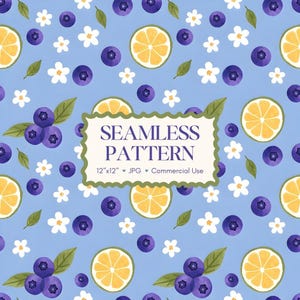 Blueberry Lemon Seamless Pattern, Summer Fruit Digital Paper, Cottagecore Floral Citrus Background, Sublimation Fabric Print Commercial Use