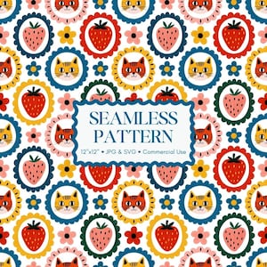 May include: Seamless pattern featuring repeating illustrations of strawberries, cats, and flowers in a colorful, whimsical design. The pattern includes the text "SEAMLESS PATTERN" and "12"x12" JPG & SVG Commercial Use" on a white background.