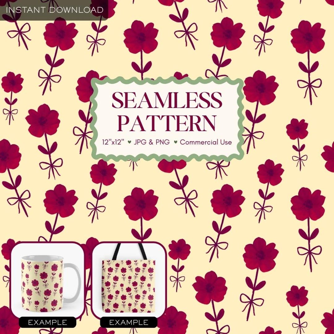 Seamless Floral Pattern | Red Bow Coquette Botanical Digital Paper ...