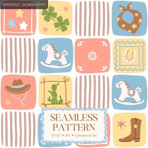 May include: A seamless pattern design featuring a grid of colorful squares with various illustrations. The squares include a rocking horse, cowboy hat, cactus, horseshoe, and a bandana. The text "SEAMLESS PATTERN" is displayed at the bottom. The pattern is 12"x12".