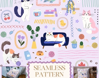 Katze Nahtloses Wiederholungsmuster, Adrettes Kätzchen Tier Digitales Papier, Kindergarten Verspieltes Haustier Maximalist Scrapbook Hintergrund PNG Kommerzielle Nutzung