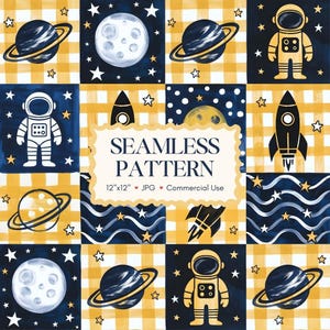 May include: A seamless pattern design with space-themed illustrations. The design includes planets, astronauts, rockets, moons, and stars. The background is a mix of navy blue, yellow gingham, and white. The text "SEAMLESS PATTERN" is also included.