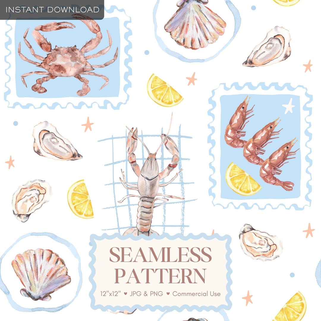 Coastal Seafood Seamless Pattern, Watercolor Crab Shrimp Oyster Digital ...