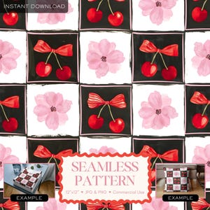 Può includere: Design a motivo senza cuciture con una griglia di quadrati neri, ciascuno contenente ciliegie rosse con fiocchi o fiori rosa. Il design include il testo "SEAMLESS PATTERN".
