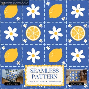 May include: A seamless pattern design featuring yellow lemons, white daisies, and lemon slices on a blue background. The design includes the text "SEAMLESS PATTERN" and is available as a 12"x12" JPG and PNG file for commercial use.