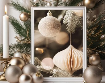 May include: A festive Christmas scene featuring a lit white candle, gold ornaments, and a framed image of a Christmas tree with hanging decorations. The ornaments are in shades of gold and silver, creating a warm, inviting holiday atmosphere.