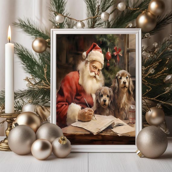 ステンドグラス☆のクリスマスのリース　犬のサンタクロース クリスマスのサンタクロースと犬のポスター - リビングルーム、教室