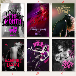 May include: A collection of six rectangular posters featuring Anne Rice's The Vampire Lestat and Interview with the Vampire. The posters display various black, white, and magenta graphic designs, including text, microphones, and figures in dramatic poses.