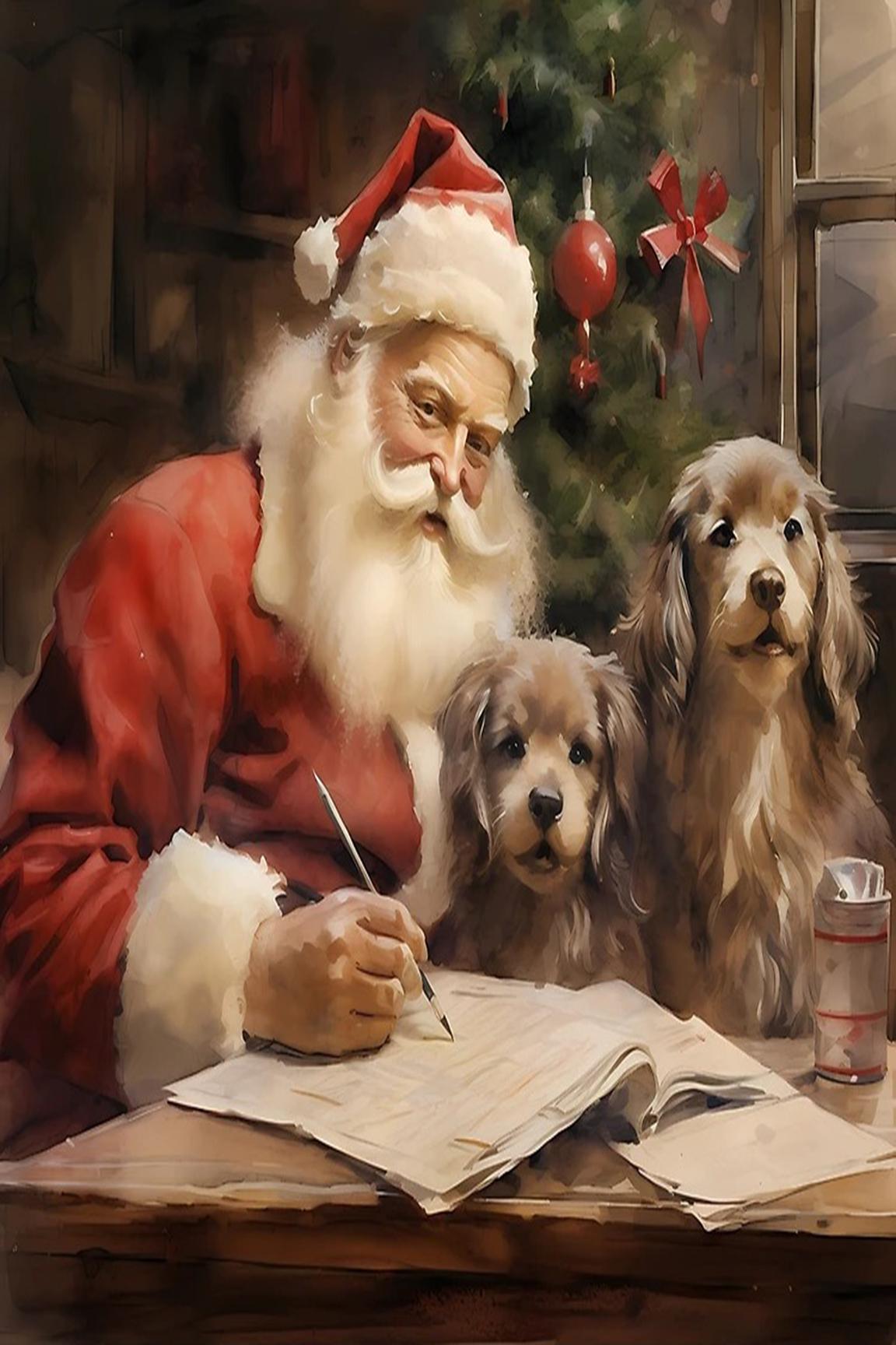 クリスマスのサンタクロースと犬のポスター - リビングルーム、教室