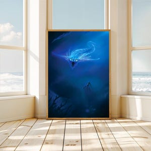 May include: A framed art print showing a deep-sea scene. A glowing, translucent creature with a long, serpentine body and a menacing face hovers above a silhouetted figure in the water. The artwork is predominantly blue.