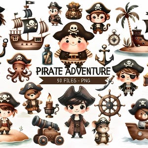 Schattige piraat aquarel clipartbundel, piratenschip vlag, piratenkaart kinderkamer decor, kinderen jongen piraat avontuur verjaardag themabundel png