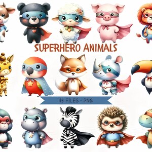 Clipart de animal super-herói fofo em aquarela, animais fofos para bebês PNG, clipart de animal de safári em aquarela, decoração de berçário, download instantâneo,