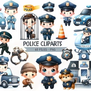 Paquete de imágenes prediseñadas de policía en acuarela, estación de policía con oficial, vehículos policiales, suministros para fiestas PNG de policía, fiesta de cumpleaños infantil SVG