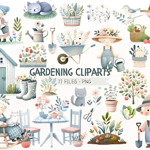 Pacote de clipart de jardinagem fofo em aquarela, clipart de ferramentas de jardinagem, ilustrações de jardim, gráficos PNG transparentes, uso comercial