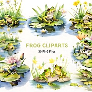Bundle de cliparts aquarelle grenouilles, Images de grenouille, graphiques de crapaud vert, bassins de marée Lily Croaker, téléchargement numérique instantané, usage commercial gratuit