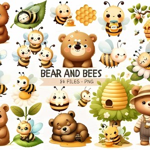 Cute Bee and Bear Watercolor Clipart,  Bee Bear Spring Friend Nursery Sublimation, Honey Bee Birthday Party Baby Shower Bundle Png
