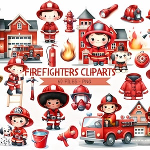 Niedliche Feuerwehrmänner Aquarell Clipart, Feuerwehr PNG Grafiken, Feuerwehrmann Feuerwache png, Feuerwehrauto Kinderzimmer Illustrationen