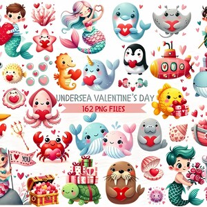 Unterwasser Valentinstag Tiere Clipart, Wassertiere PNG Süße Tier paar Clipart Aquarell Axolotl Frosch Süß Otter Schildkröten Clipart