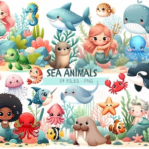 Meerestiere Clipart, Unterwasserwelt PNG niedliche Meerestiere Bilder, Ozean Wildtiere Grafiken, sofortiger digitaler Download, kommerzielle Nutzung