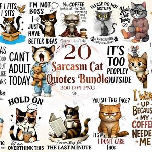 Paquete de frases de sublimación de gatos sarcásticos. Paquete PNG de frases divertidas, pegatina digital de gato sarcástico, diseño de sublimación divertido para amantes de los gatos.