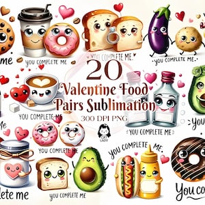 Lot de Sublimation de paires de nourriture pour la Saint-Valentin, fichiers PNG mignons de la Saint-Valentin Clip Art pour la fabrication de cartes pour les enfants, travaux manuels en papier, décoration de chambre d'enfant,